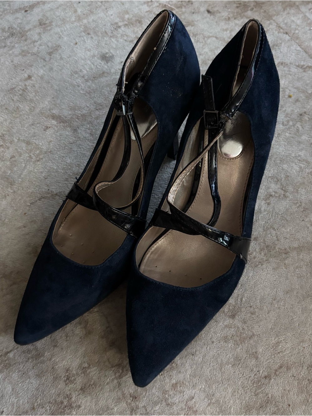 Alfani Navy Pointed T-Strap Heels with Patent Trim